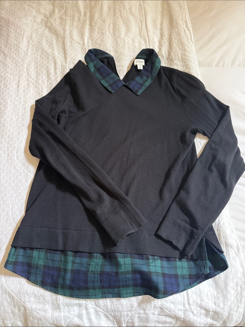 J. Crew Black Sweater with Green and Blue Plaid Trim